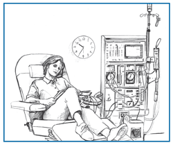 Drawing of a woman sitting in a chair and reading while she undergoes hemodialysis.