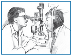 Drawing of an ophthalmologist examining a patientâ€™s eyes using a machine.