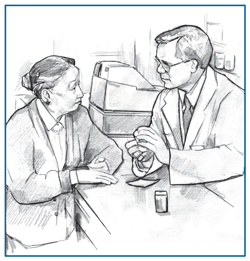 Drawing of an older female patient talking with a male pharmacist at a pharmacy counter.